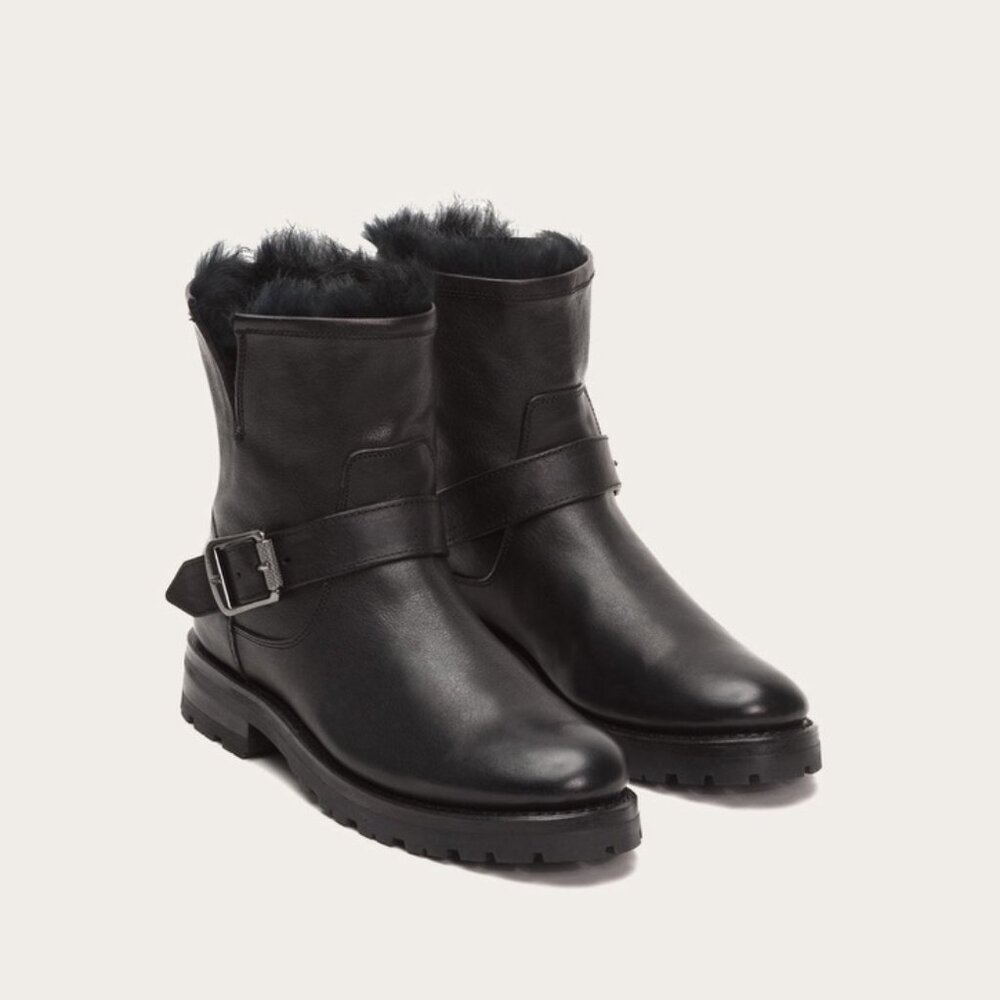 Frye Natalie Short Engineer Lug Fur Black Leather Boots